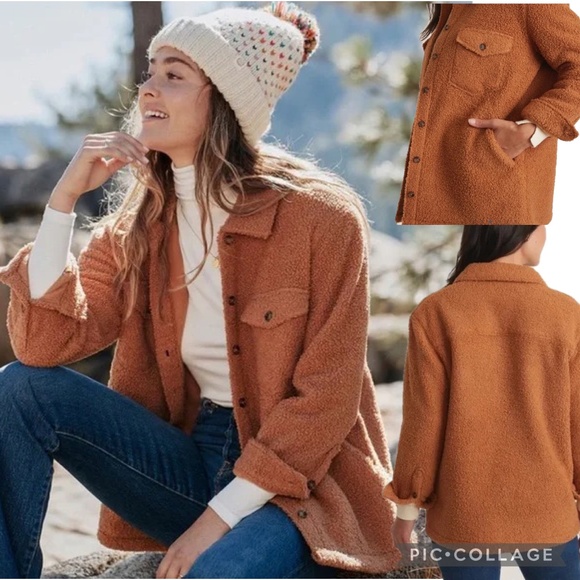 Marine Layer Eden Sherpa Overshirt Jacket Teddy Fleece Button-Up Cashew Brown M - Picture 1 of 16